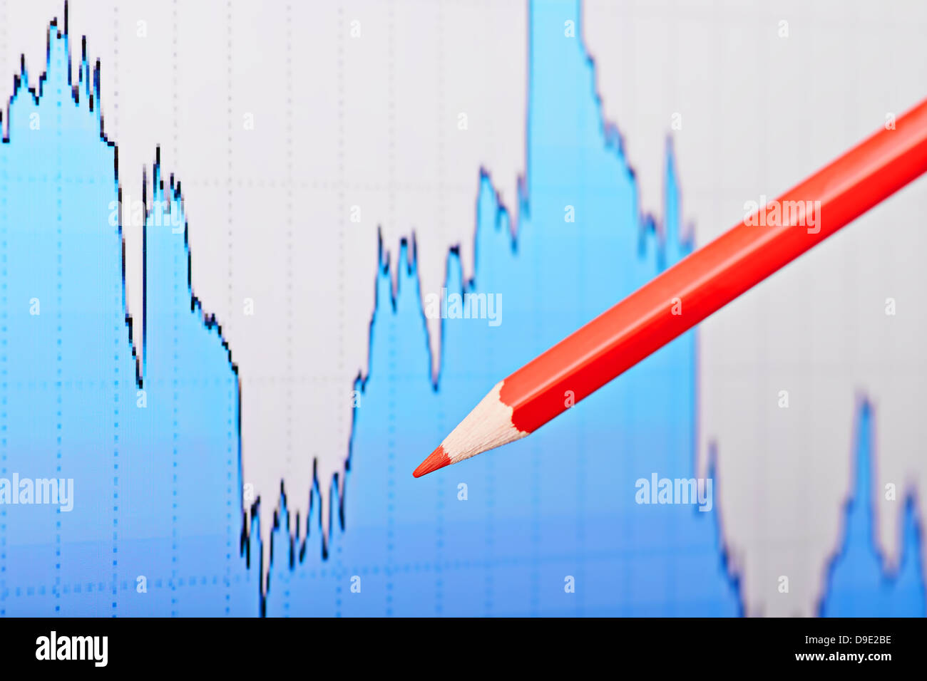 Tendenza ribassista grafico finanziario e la matita rossa. Messa a fuoco selettiva Foto Stock