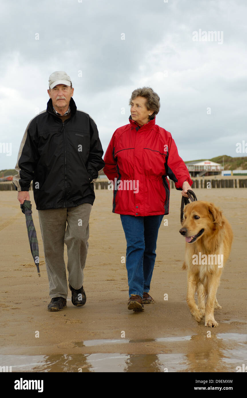 Senior Citizen's coppia con cane (Hovawart) con la spiaggia a piedi in autunno, olandese costa del Mare del Nord (modello di rilascio) Foto Stock