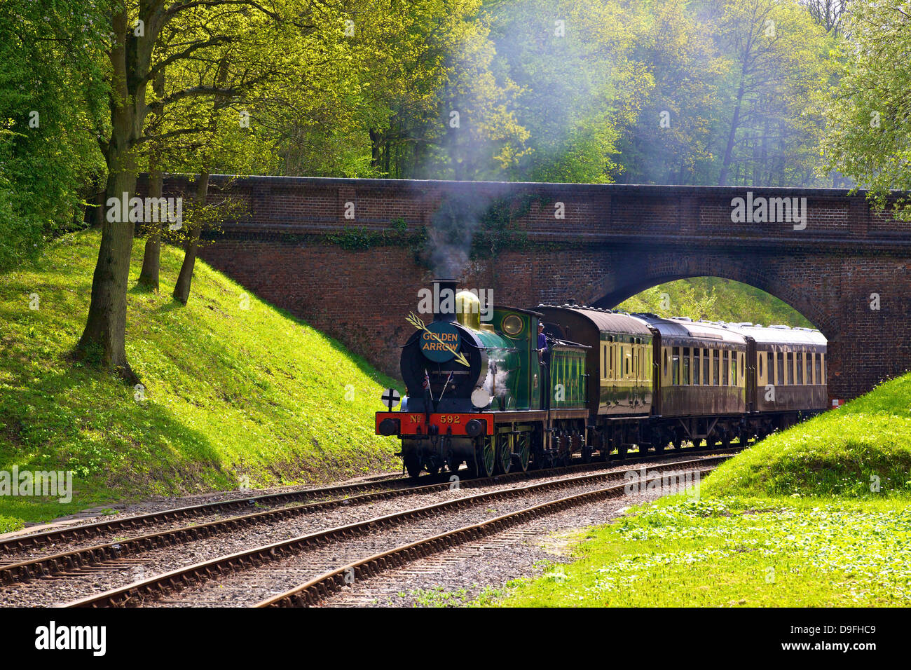 Treno a vapore sulla ferrovia Bluebell, Horsted Keynes, West Sussex, in Inghilterra, Regno Unito Foto Stock