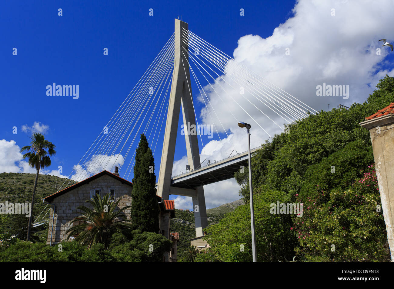 Ponte strallato con case a Dubrovnik Foto Stock