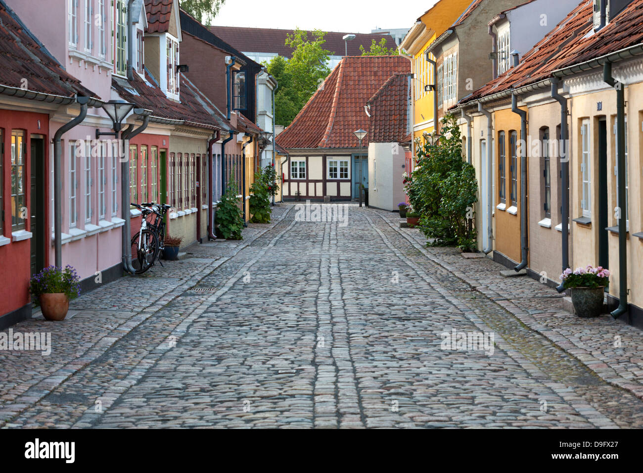 Vicolo di ciottoli nel vecchio quartiere povero, città di mendicanti, Odense, Funen, Danimarca e Scandinavia Foto Stock