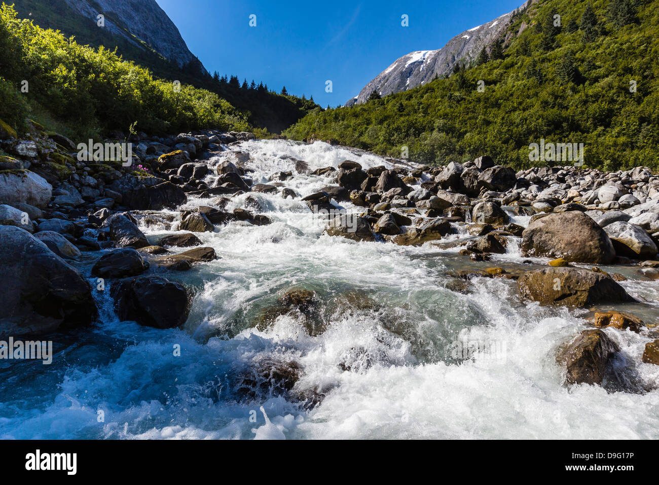 Snow-melt cascata in Tracy Arm-Ford terrore della wilderness area, a sud-est di Alaska, STATI UNITI D'AMERICA Foto Stock