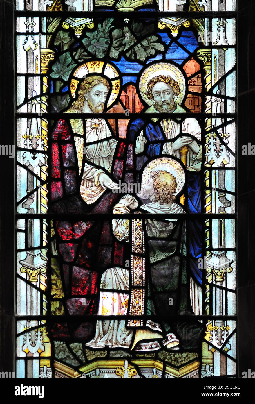 Segale, East Sussex, Inghilterra, Regno Unito. Chiesa parrocchiale Santa Maria Vergine (12thC) delle vetrate colorate. Philip Nathaniel porta a Gesù Foto Stock