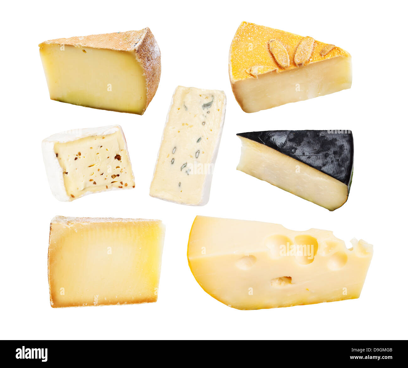Set di formaggio isolato su uno sfondo bianco Foto Stock