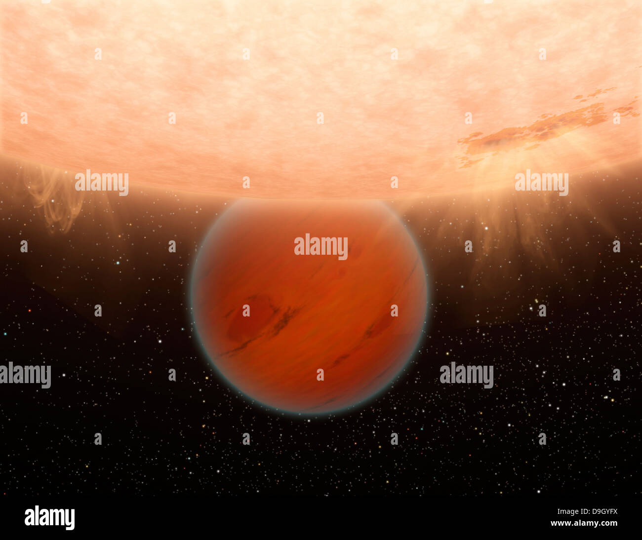 Un artisti del concetto di un insolito, metano-free world parzialmente eclissato dalla sua stella. Foto Stock