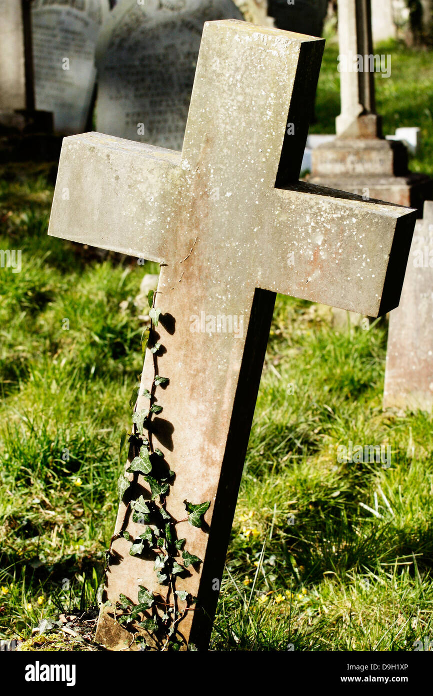Un grave pietra nella forma di una semplice croce, con Ivy crescente attorno ad esso. Foto Stock
