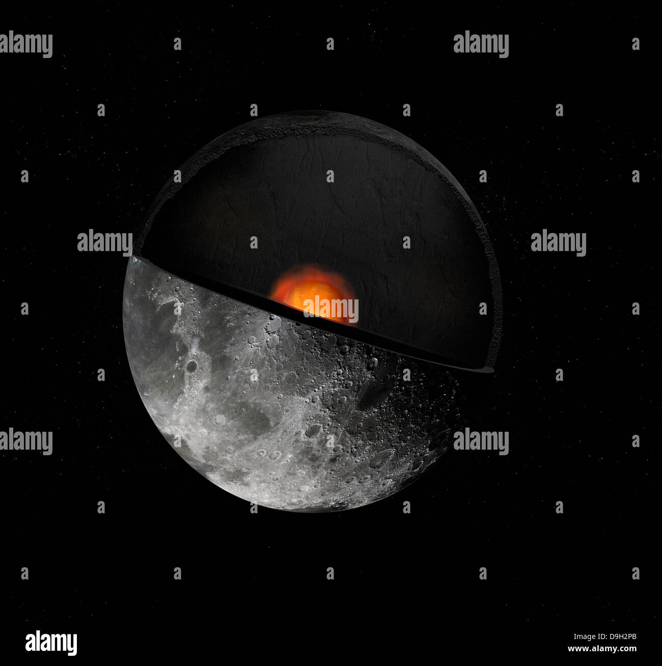 Artista del concetto mostra che mostra una possibile il nucleo interno della terra alla luna Foto Stock