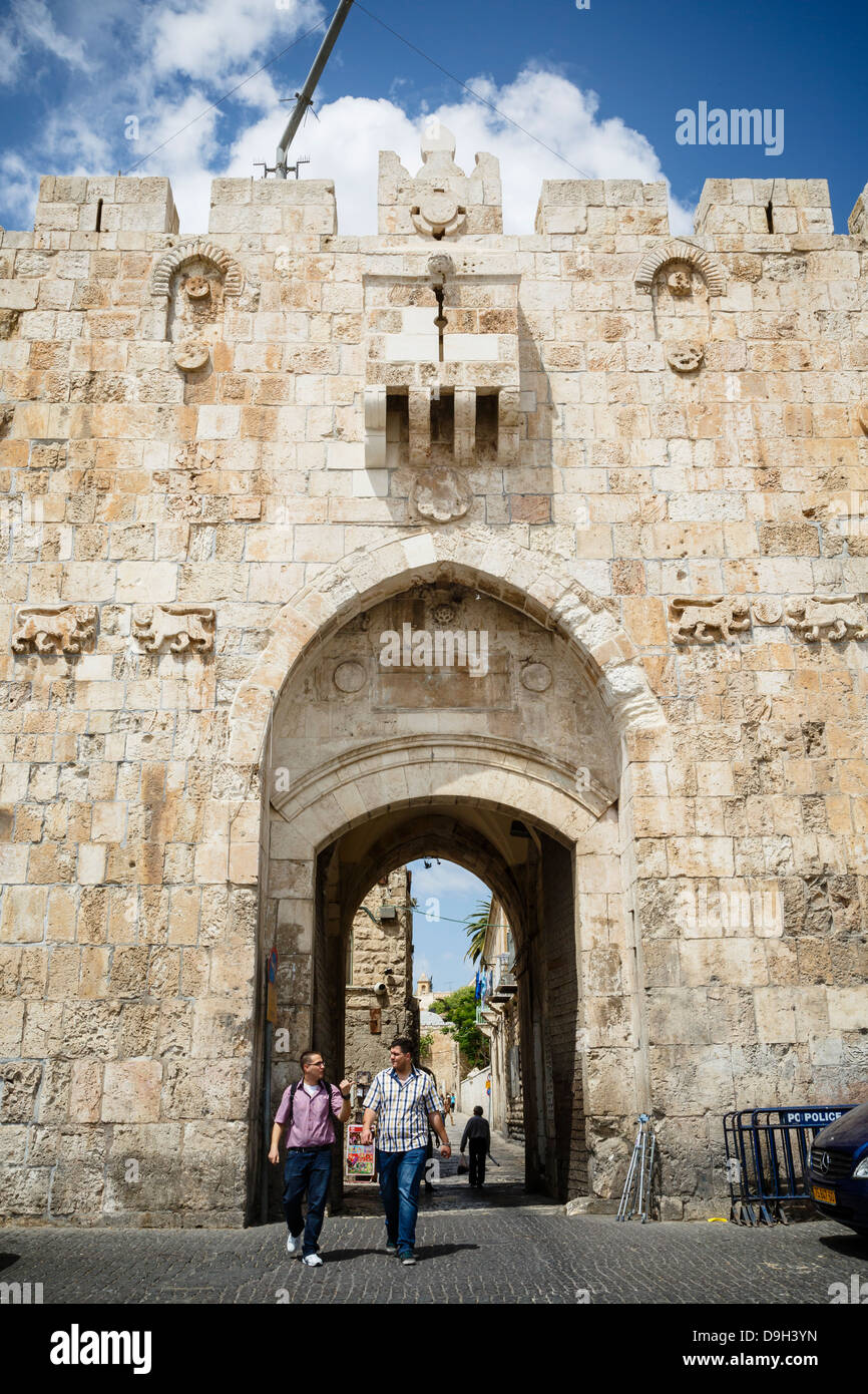 Il Cancello dei Leoni nella città vecchia di Gerusalemme, Israele. Foto Stock