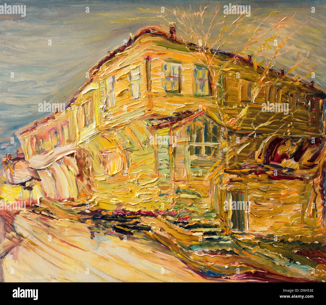 Un dipinto ad olio su tela di una colorata Vecchia casa bulgari dipinte in colori dorati in fine di autunno. Foto Stock
