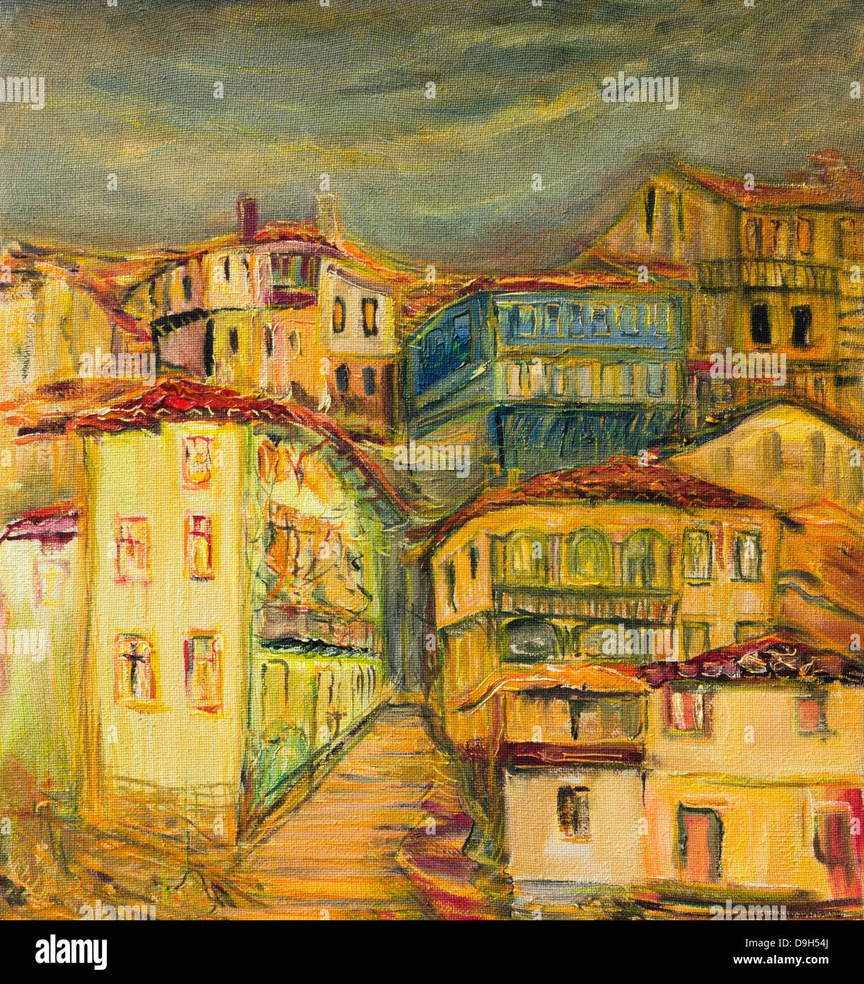 Un dipinto ad olio su tela di vecchi vivid case di villaggio con strade strette spalmata su una collina con grigio scuro dello sfondo del cielo. Foto Stock