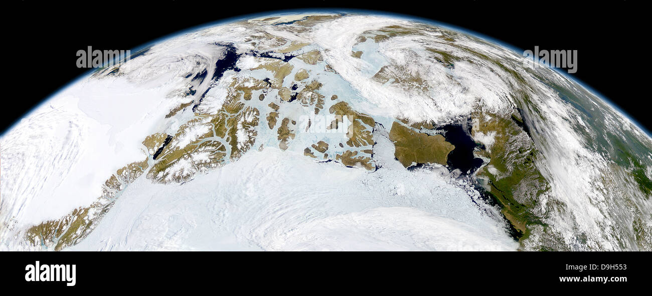 Vista parziale di massa mostra Canada settentrionale e il nord della Groenlandia. Foto Stock