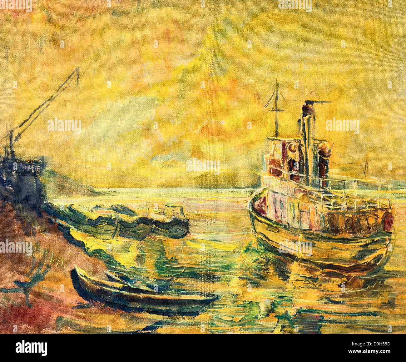 Un dipinto ad olio su tela di una bellissima alba sul fiume Danubio con una vecchia nave da pesca e una barca ancorata al litorale. Foto Stock