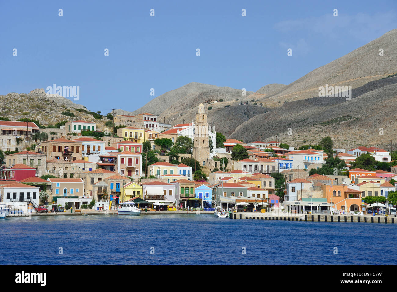 Porto di Emporio, Halki (Chalki), Rodi (Rodi) Regione, del Dodecaneso, Egeo Meridionale Regione, Grecia Foto Stock
