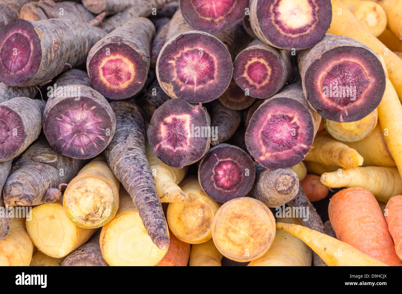 Un gruppo di carote con estremità tagliate con colori diversi Foto Stock