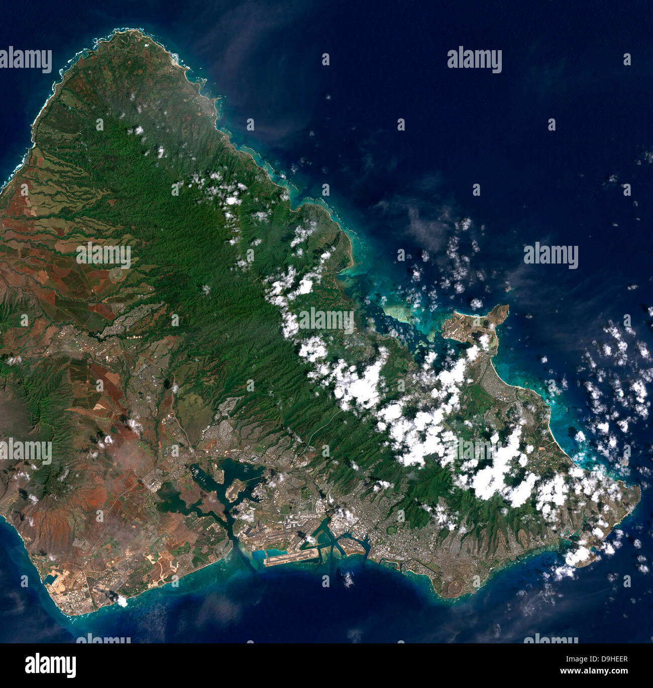Vista satellitare di Honolulu e Oahu, Hawaii. Foto Stock