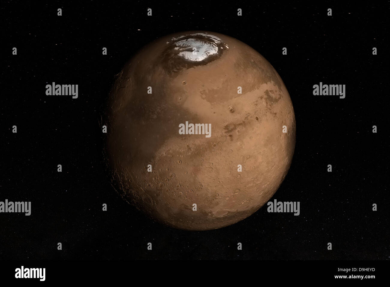 Pianeta Marte leggermente inclinato per mostrare il Polo nord marziano. Foto Stock