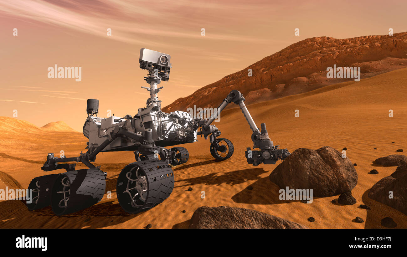 Artista concetto della NASA Mars Science Laboratory curiosità rover. Foto Stock