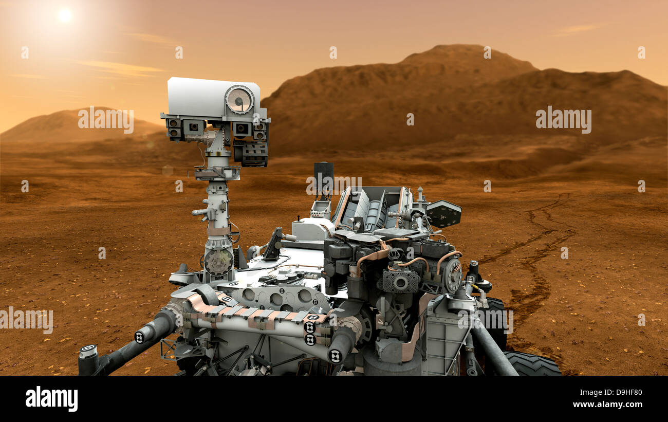 Artista concetto della NASA Mars Science Laboratory curiosità rover. Foto Stock