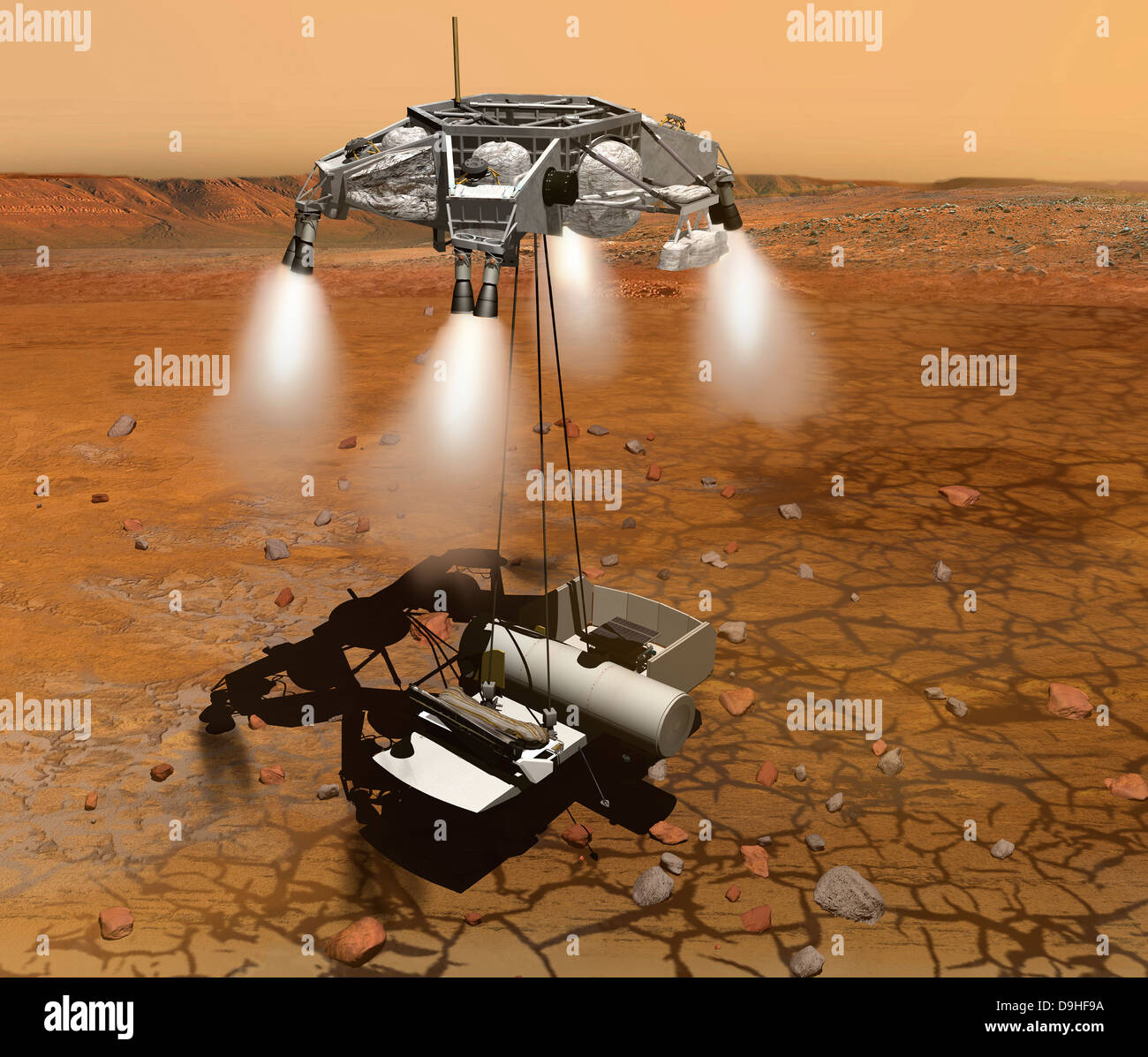 Artista del concetto di un veicolo in salita lasciando Marte. Foto Stock