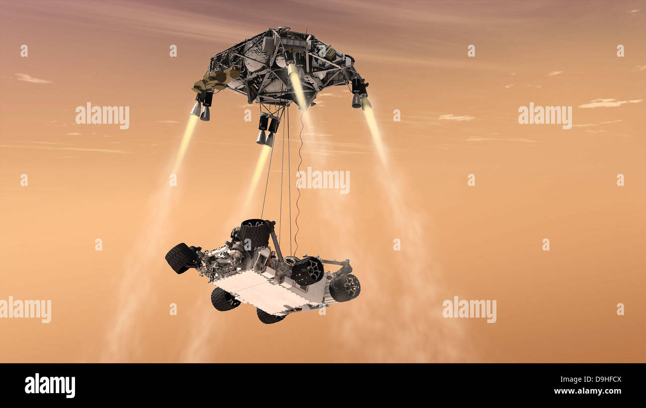 Il cielo di manovra della gru durante la fase di discesa della NASA Curiosità rover. Foto Stock