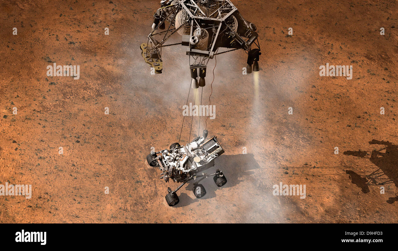 Artista del concetto di NASA Curiosità rover toccando verso il basso sulla superficie marziana. Foto Stock