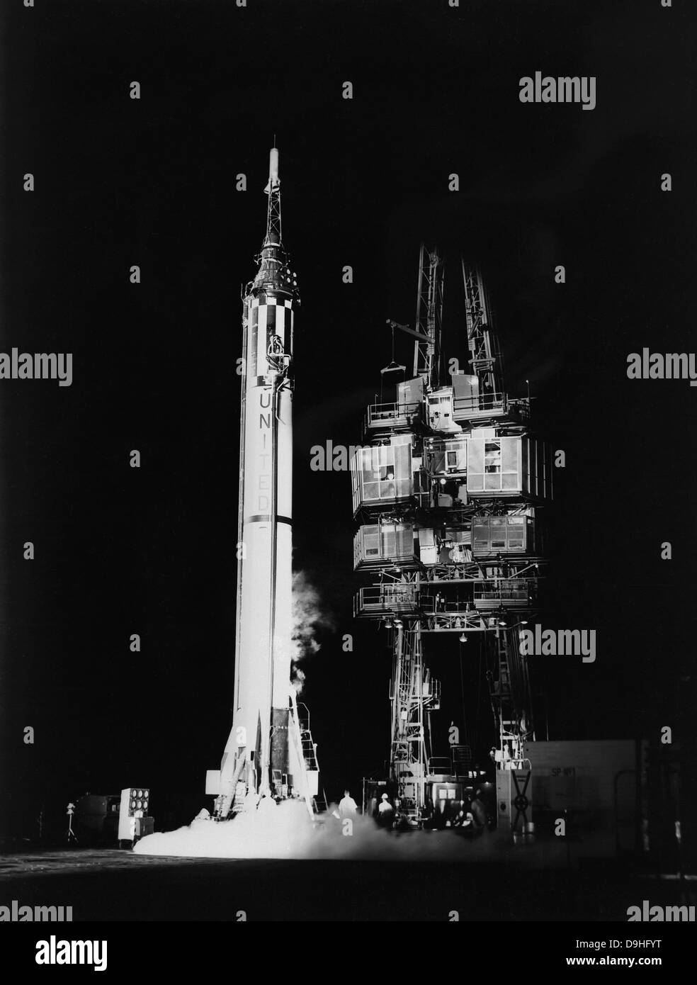 1961 - Mercury-Redstone 3 missile in piedi da sola sulla rampa di lancio di Cape Canaveral, in Florida. Foto Stock