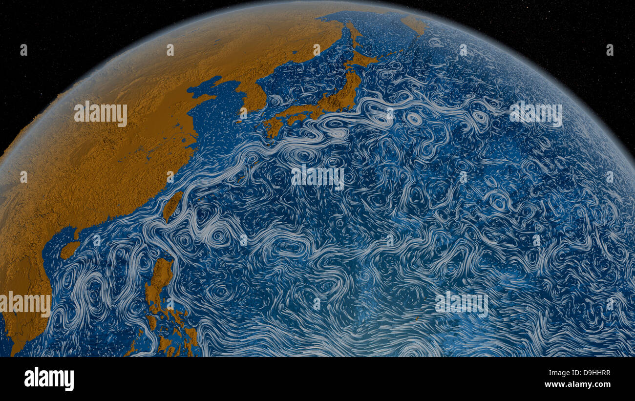 Questa visualizzazione mostra la superficie oceanica correnti dell'Kuroshio corrente durante il periodo da giugno 2005 a dicembre 2007. Foto Stock