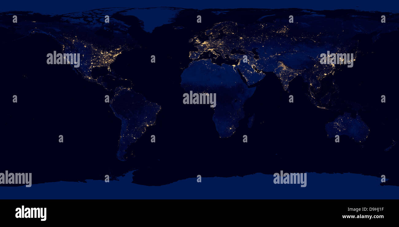 Mappa piatta della terra che mostra le luci della città di tutto il mondo durante la notte. Foto Stock