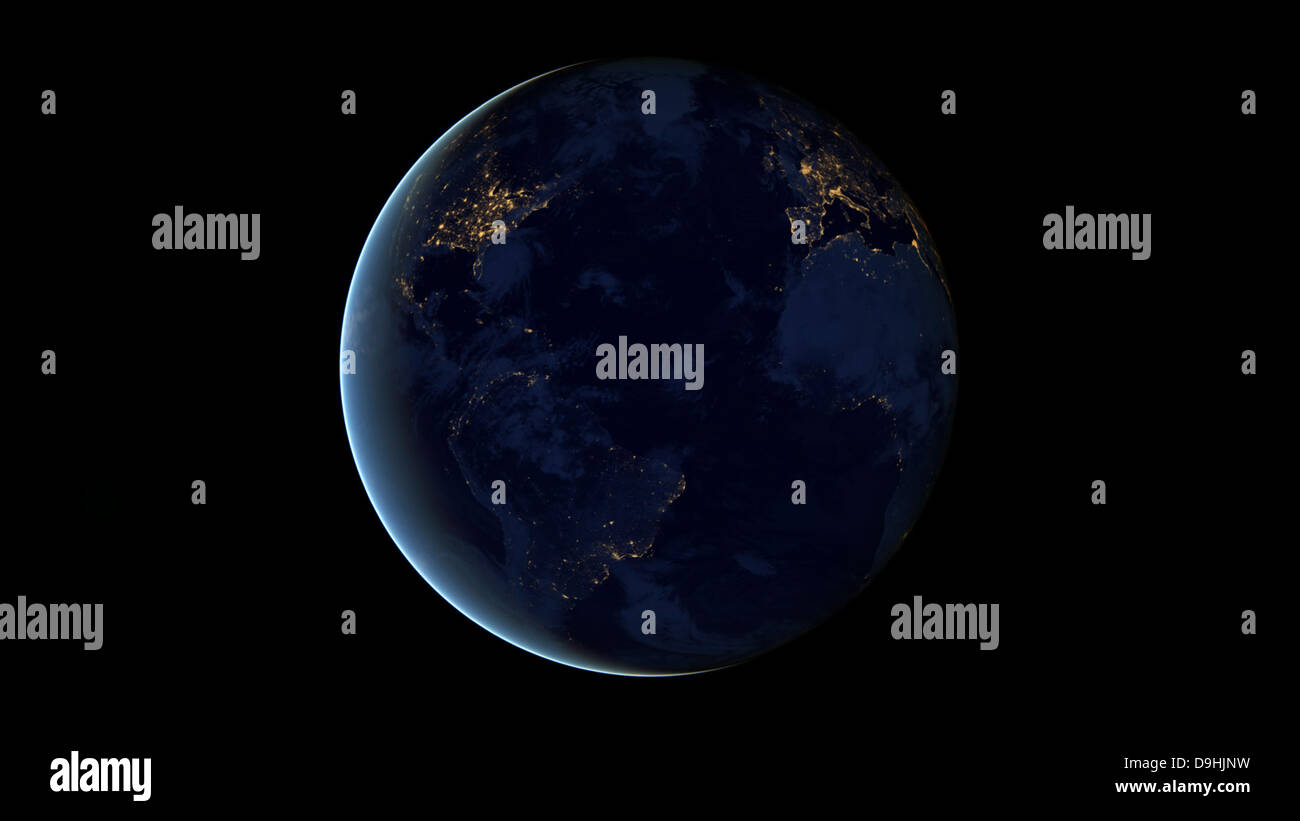 Composito Digitale di messa a terra luci della città di notte, centrato sull'Atlantico Ocea Foto Stock