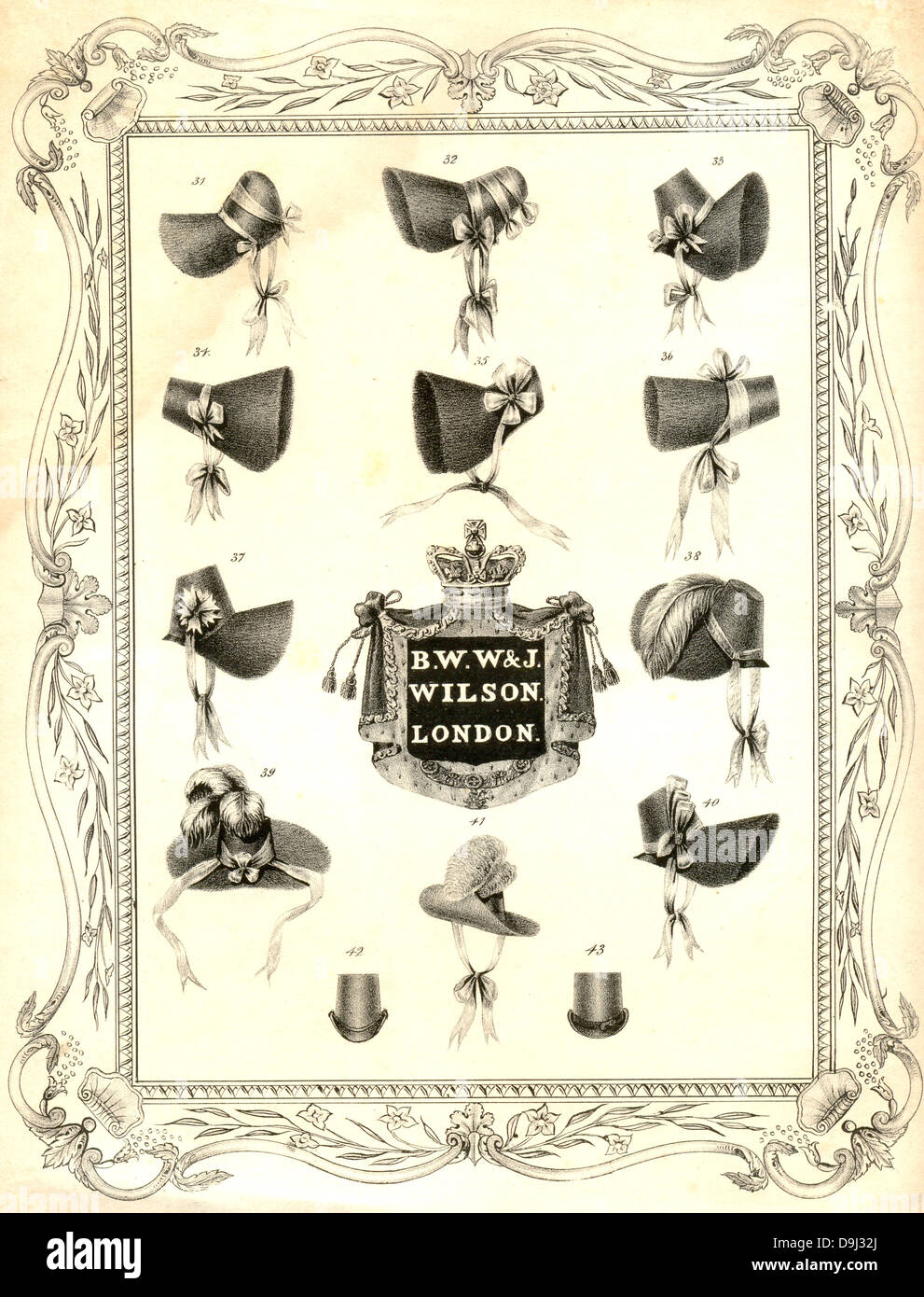 Pubblicità per le cuffie da donna da B W W e J Wilson, Londra UK circa 1844 Foto Stock