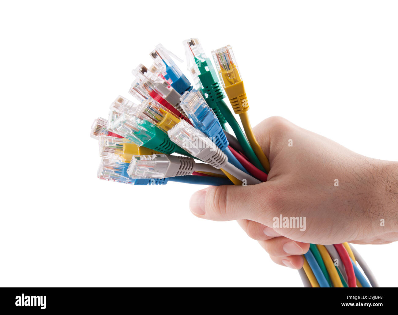 Mano azienda colorato i cavi per la connessione internet. Percorso di clipping incluso. Foto Stock