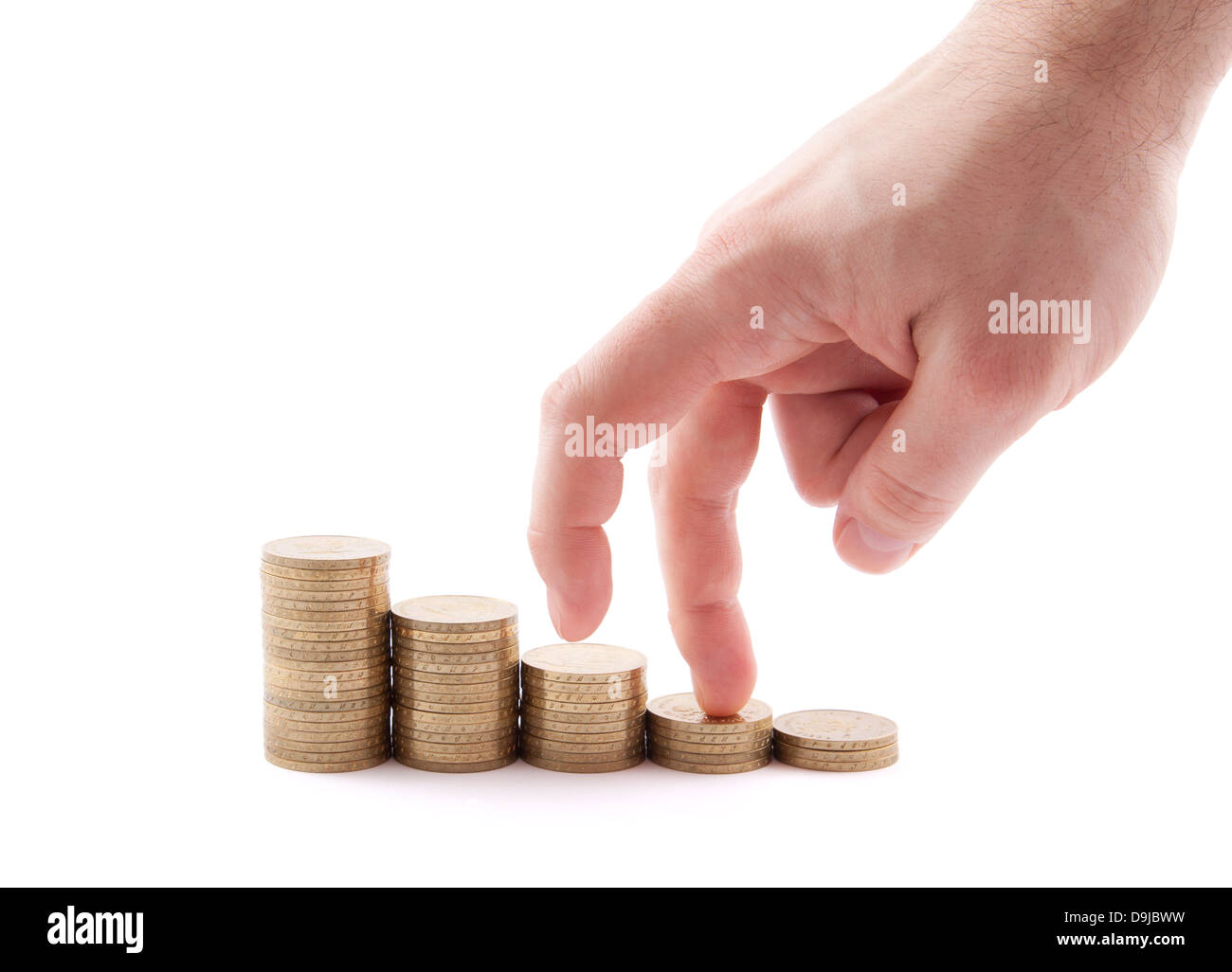 Mano e scala di denaro isolato su bianco Foto Stock