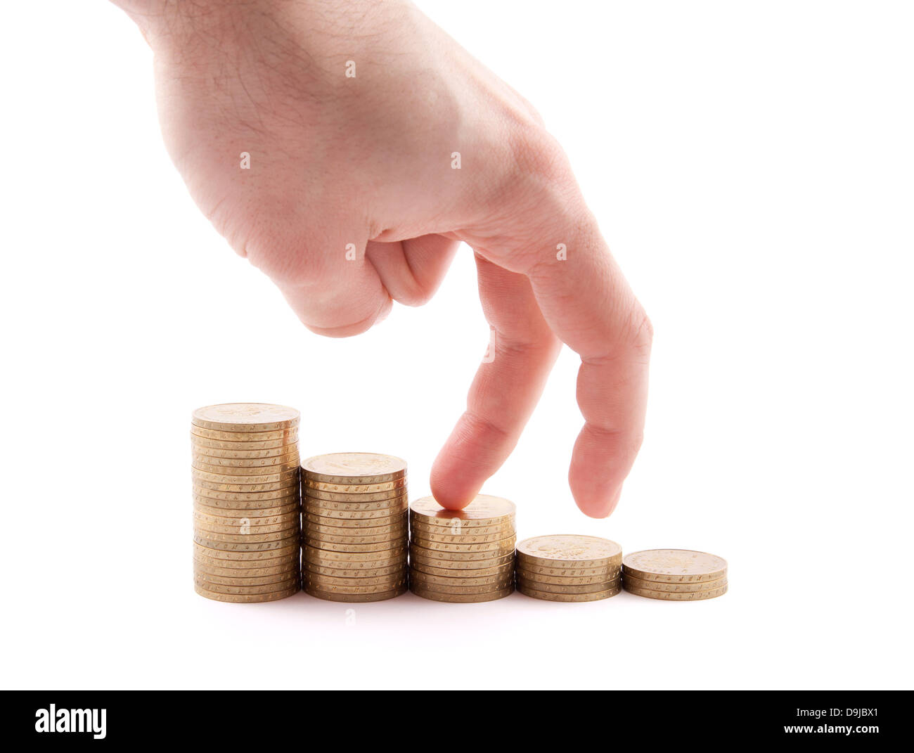 Mano e scala di denaro isolato su bianco Foto Stock