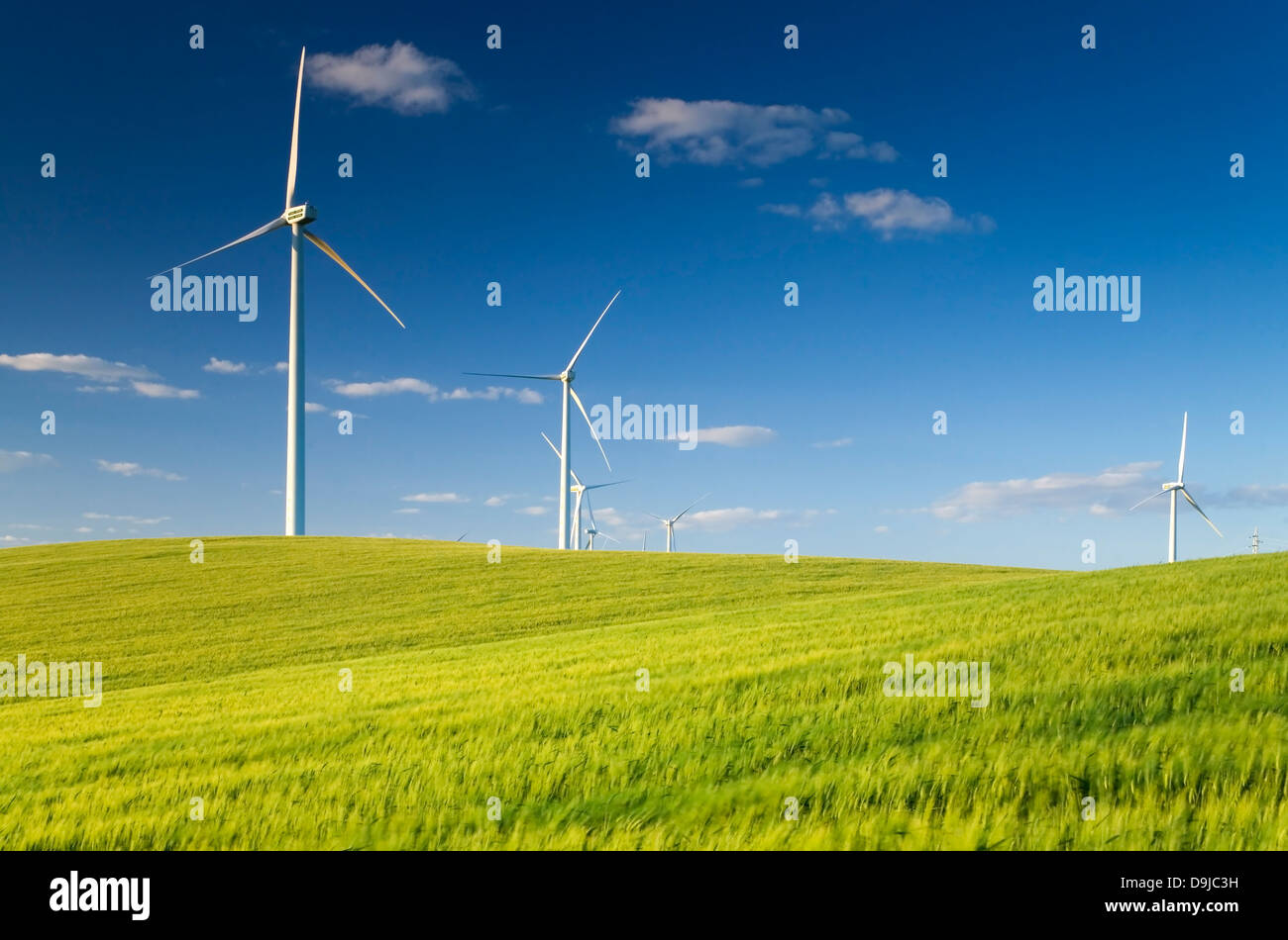 Turbina eolica stazione in un campo. Sanlucar de Barrameda, Cadice, Andalusia, Spagna, Europa Foto Stock