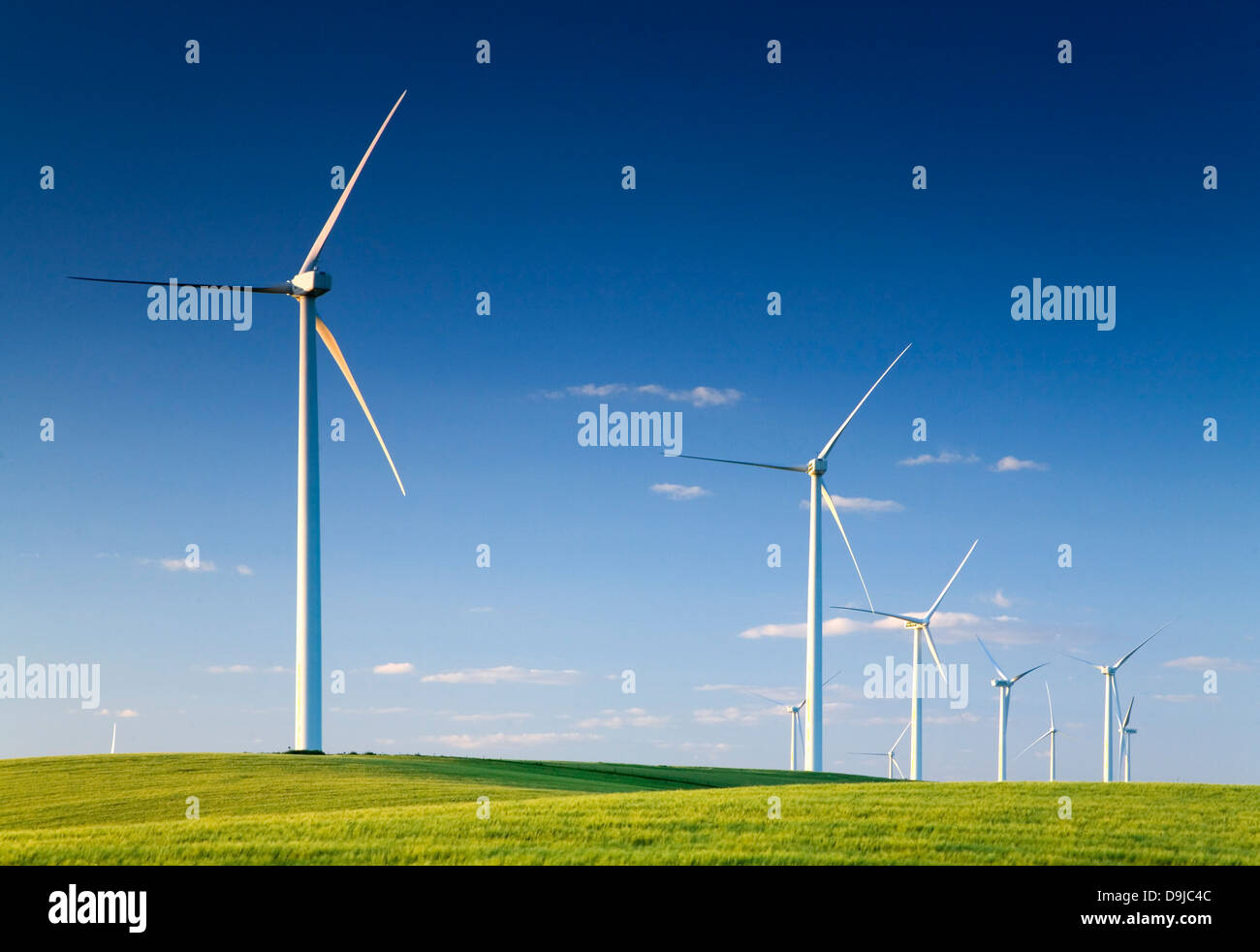 Turbina eolica stazione in un campo. Sanlucar de Barrameda, Cadice, Andalusia, Spagna, Europa Foto Stock