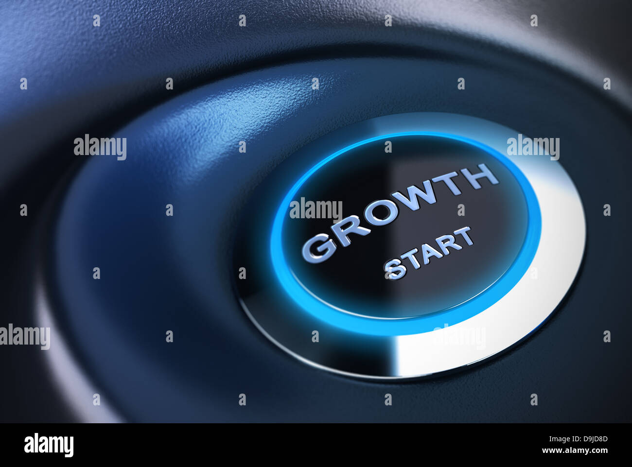 Crescita del pulsante start, toni di blu. 3D render adatto per riavviare il concetto di economia. Foto Stock