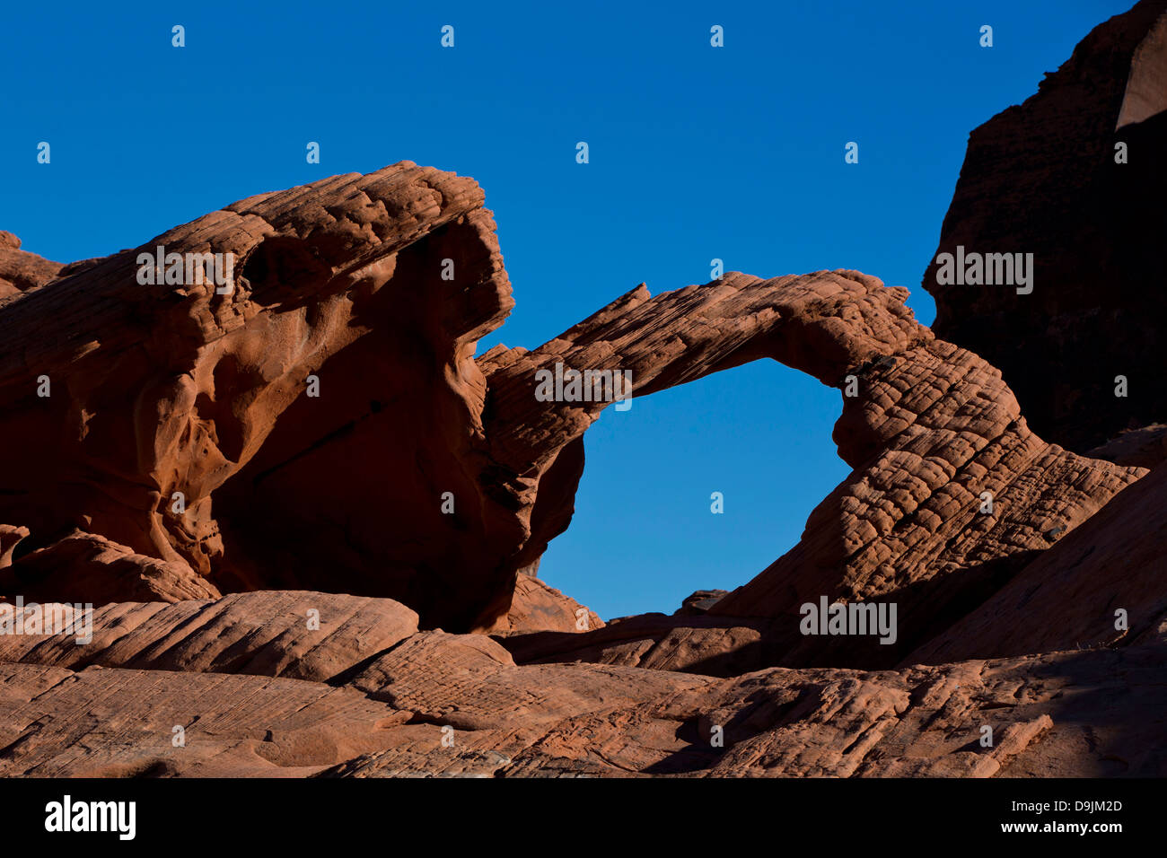 Arch Rock, un arco di pietra arenaria rossa, la Valle del Fuoco del parco statale, Nevada, Stati Uniti d'America Foto Stock