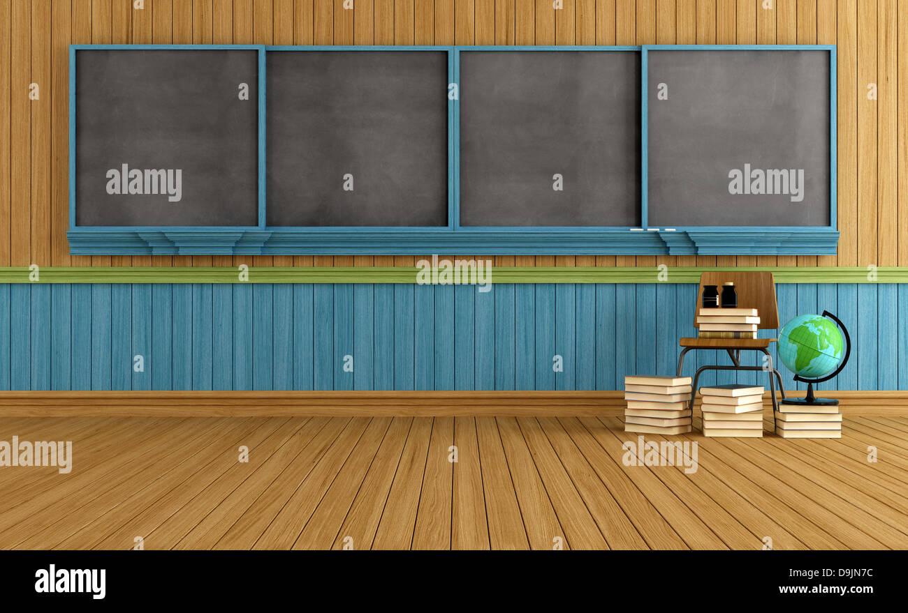 Vintage in aula in legno con Blackboard, sedia e libri - il rendering Foto Stock