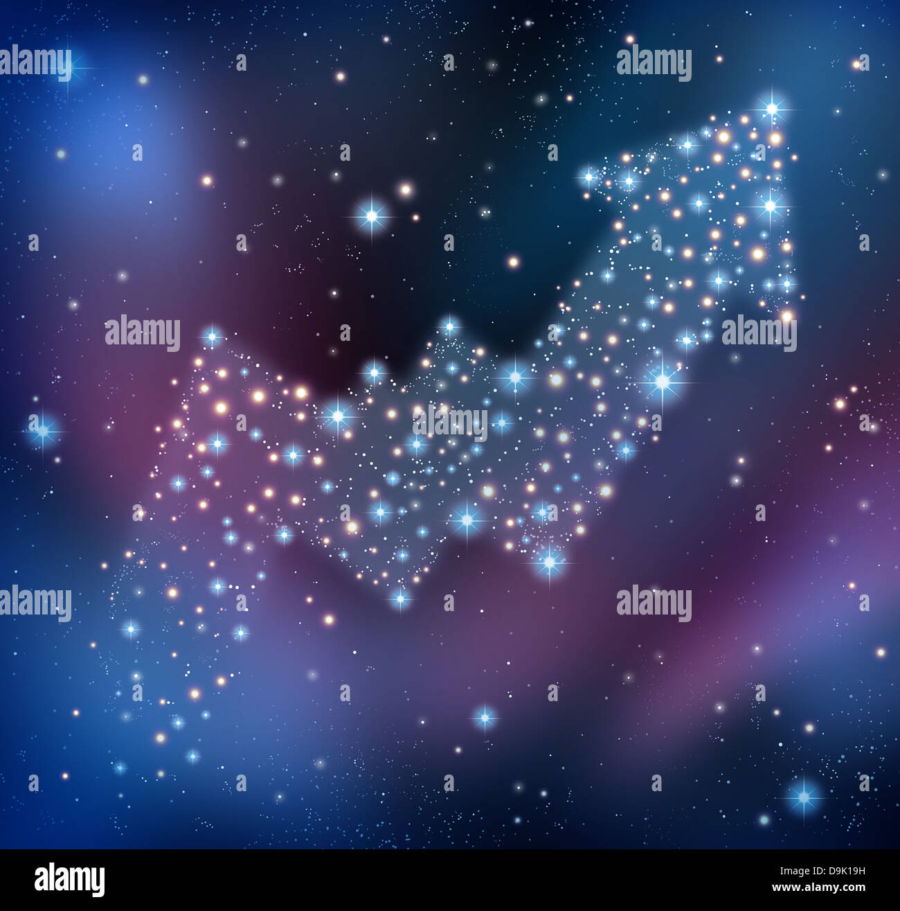 Le previsioni di successo come un cielo notturno con un gruppo di stelle e pianeti come uno spazio luminoso nella costellazione della forma di un mercato verso l'alto chart grafico freccia. Foto Stock