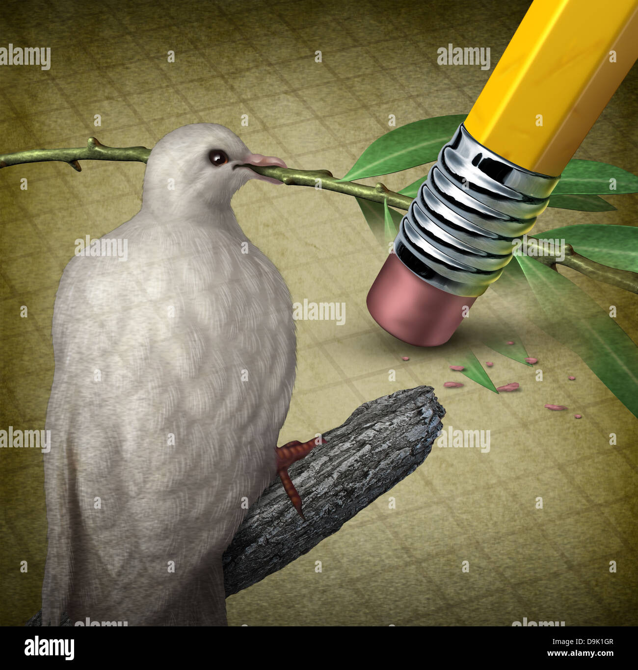 Perdere la pace il concetto di crisi con una colomba bianca tenendo un ramo di olivo che vengono cancellati da una gomma da matita come un simbolo di sfide Foto Stock