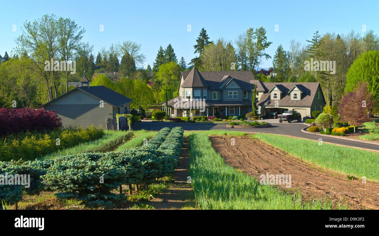 Grande villa con un giardino pieno di Oregon. Foto Stock