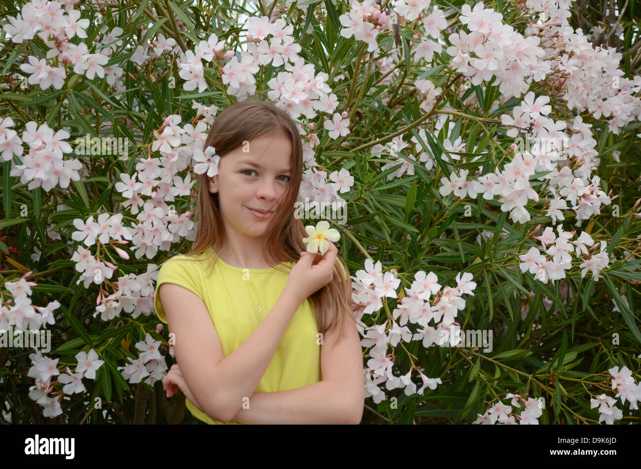 Bella ragazza in fiori bianchi con fiore bianco nei capelli e con fiore giallo in mano Foto Stock
