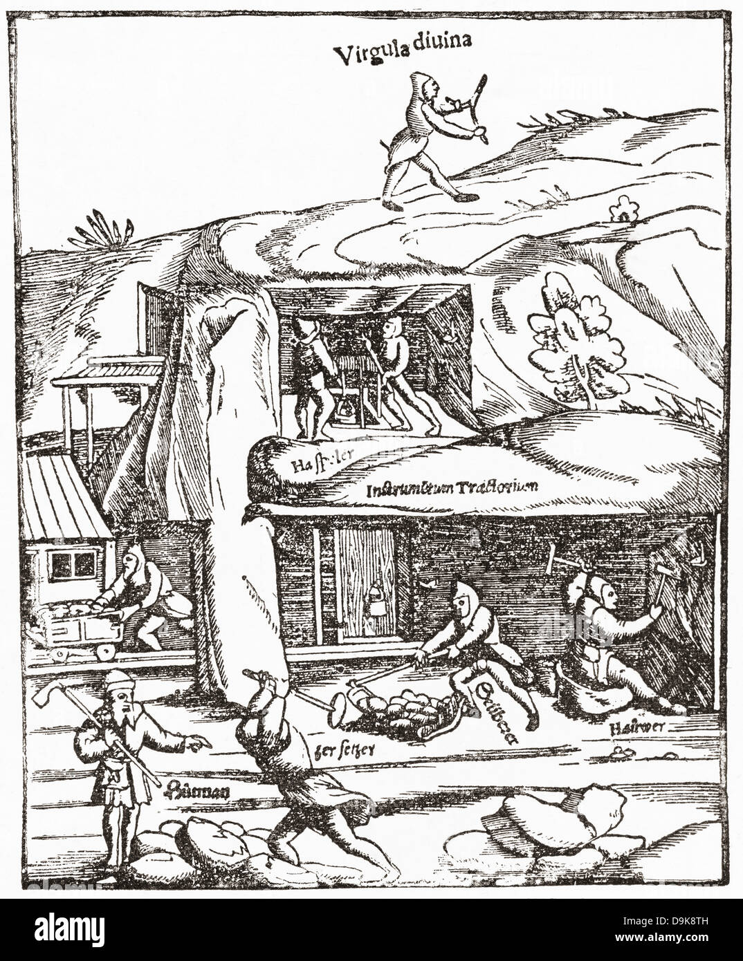 Prima rappresentazione della divinazione Rod, che mostra una figura con una canna da immersione sopra il suolo alla ricerca di acqua, carbone o oro e i minatori sotto terra si affaticano per trovare carbone. Da The Strand Magazine pubblicato nel 1897. Foto Stock