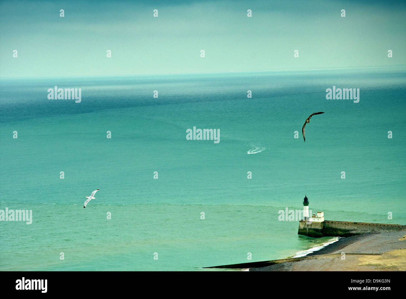 Faro remota sulla costa della Normandia, Francia Foto Stock