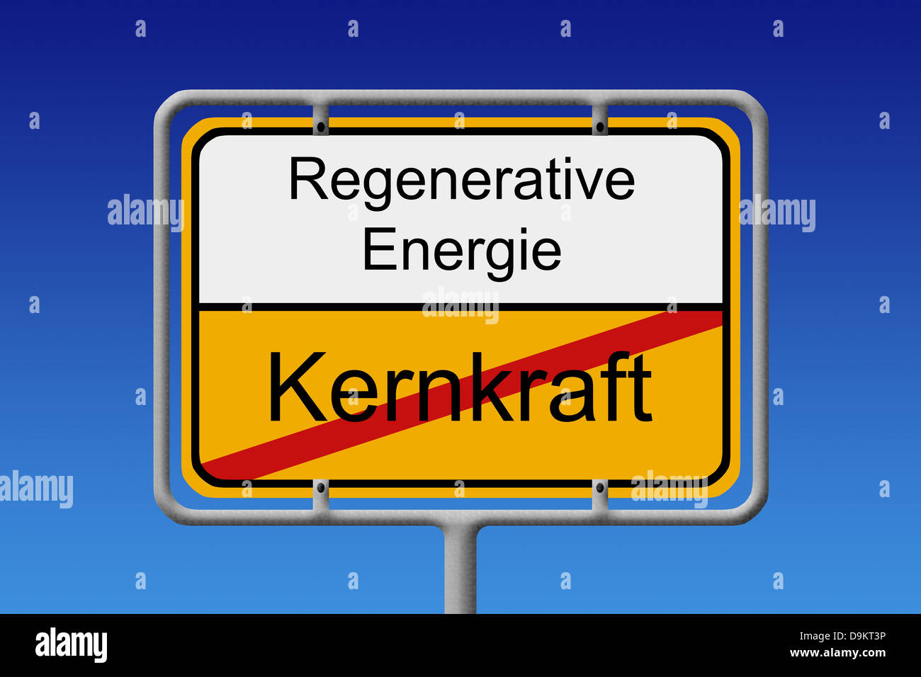 Illustrazione di una cittadina tedesca di firmare con la parola nuklear potenza (barrato) Energie rinnovabili Foto Stock