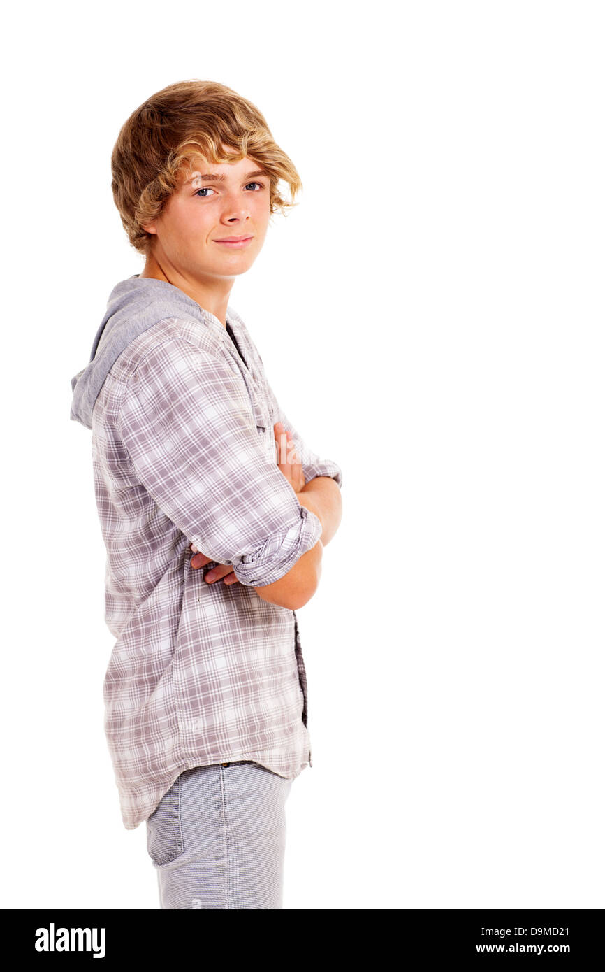 Teen boy ritratto in studio isolato su bianco Foto Stock