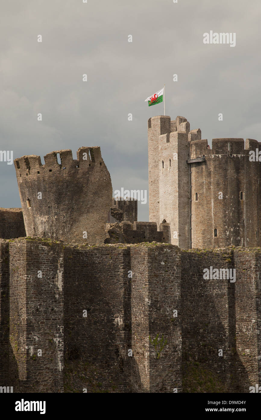 Castello di Caerphilly battenti la bandiera gallese. Glamorgan, Wales, Regno Unito. Foto Stock