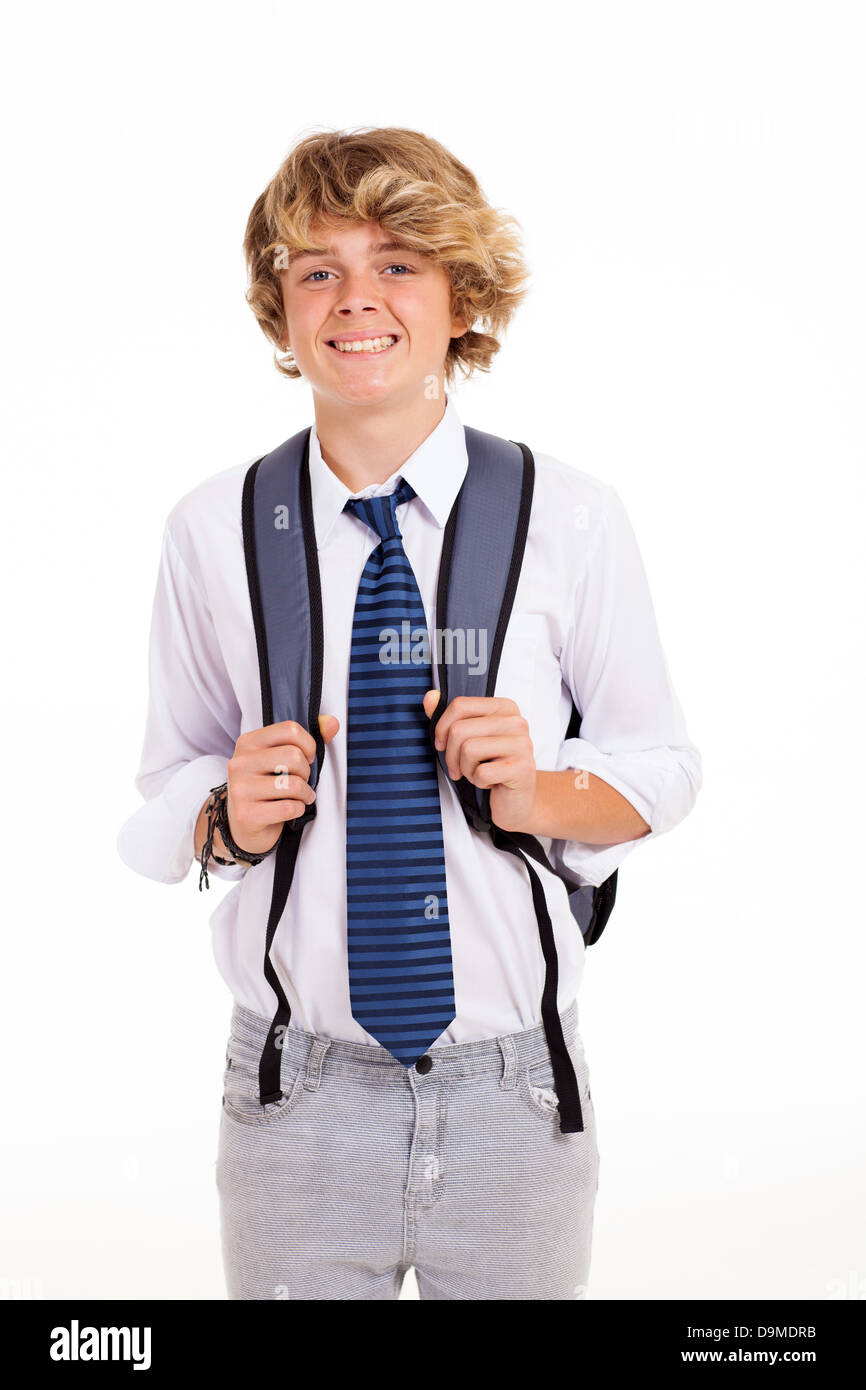 Alta scuola teen boy ritratto isolato su bianco Foto Stock