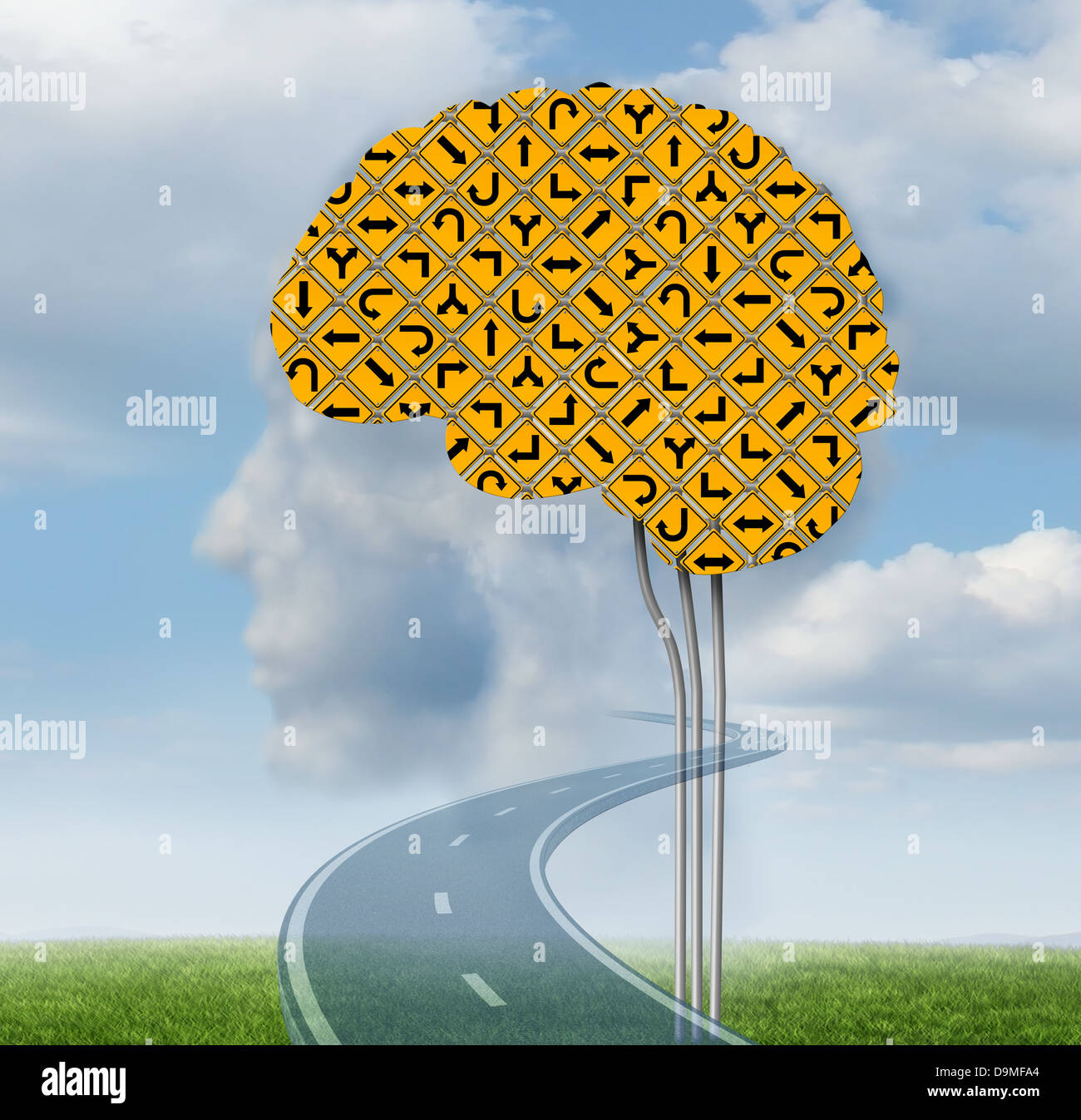 Il funzionamento del cervello con un gruppo di confondere il giallo della segnaletica stradale in forma di un cervello umano su un cielo estivo con le nuvole a forma di una testa come una salute mentale concetto. Foto Stock