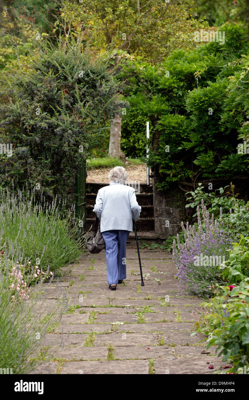 Vecchia Signora con un bastone da passeggio a piedi attraverso un giardino Foto Stock
